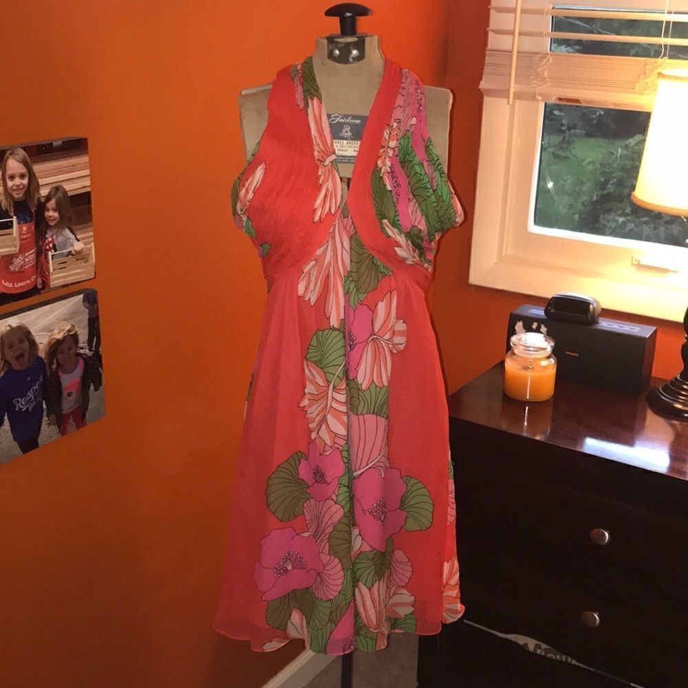 Tibi New York Coral Floral Crossback Halter Dress